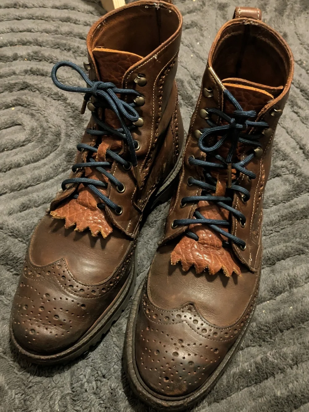 Allen Edmonds Men's Brown Leather Wingtip Boots with Blue Laces, 10 1/2